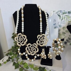 Artisan Statement Gold Crystal Rose Pearl Jewelry Set Necklace Bracelet Earrings